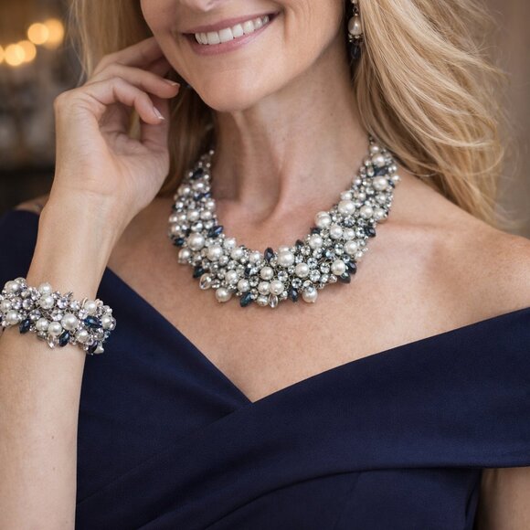 Jewelry - Statement Crystal & Pearl Choker Necklace with Matching Bracelet